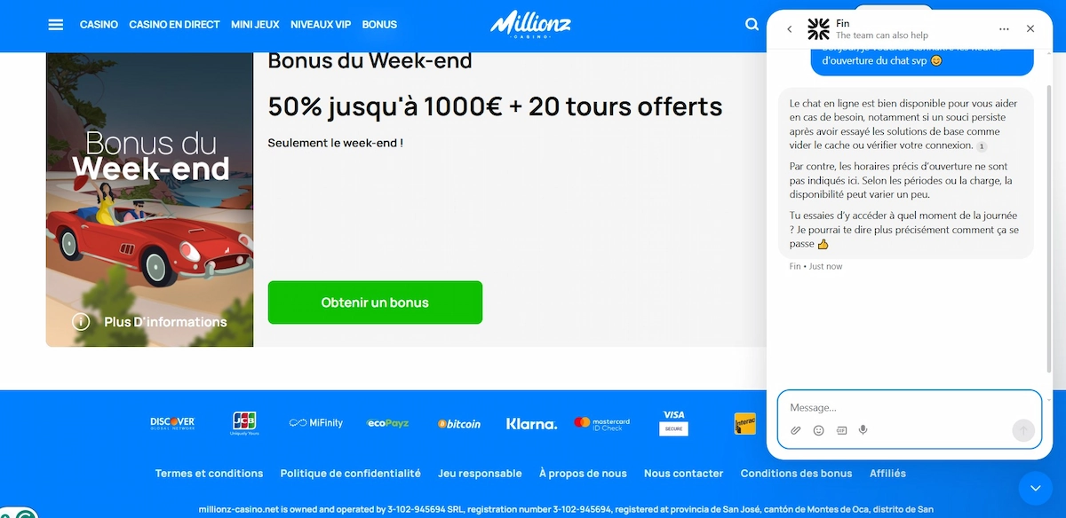 Interface du service client de Millionz Casino disponible via chat en direct.