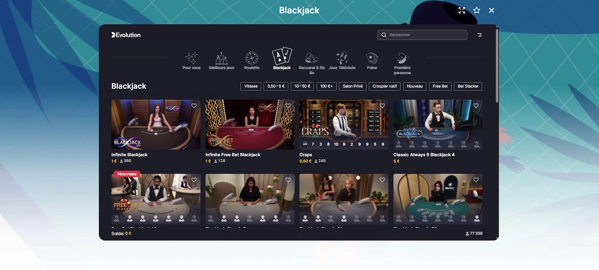 Table de live blackjack avec un croupier en direct sur Millionz Casino.