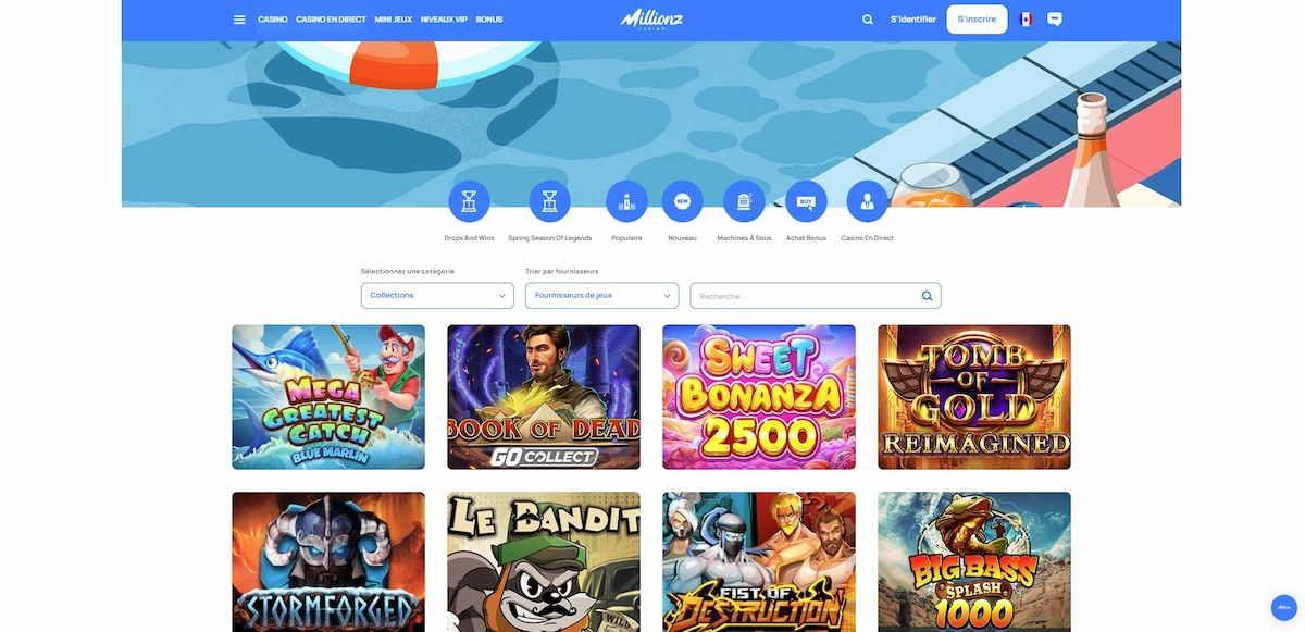 Capture d'écran du lobby Millionz présentant la ludothèque de machines à sous.