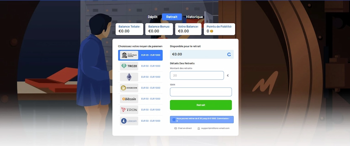 Interface illustrant les différentes méthodes de retrait rapide disponibles sur Millionz Casino.